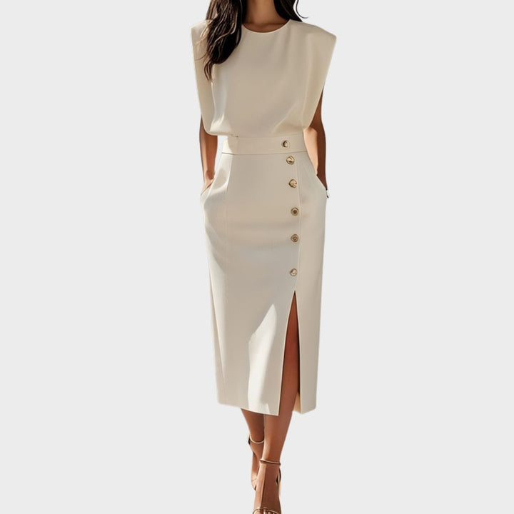 Marlene | Solid Midi Dress with Button Slit and Round Neckline