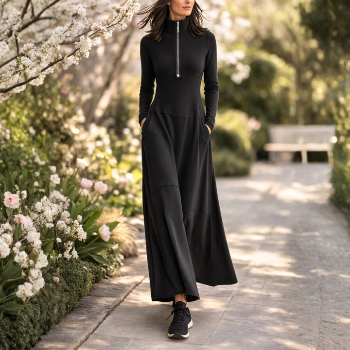 Black Turtleneck Zip-up Loose-fitting Casual Maxi Dress