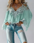 Blouse V-Neck Patchwork Loose Long Sleeve