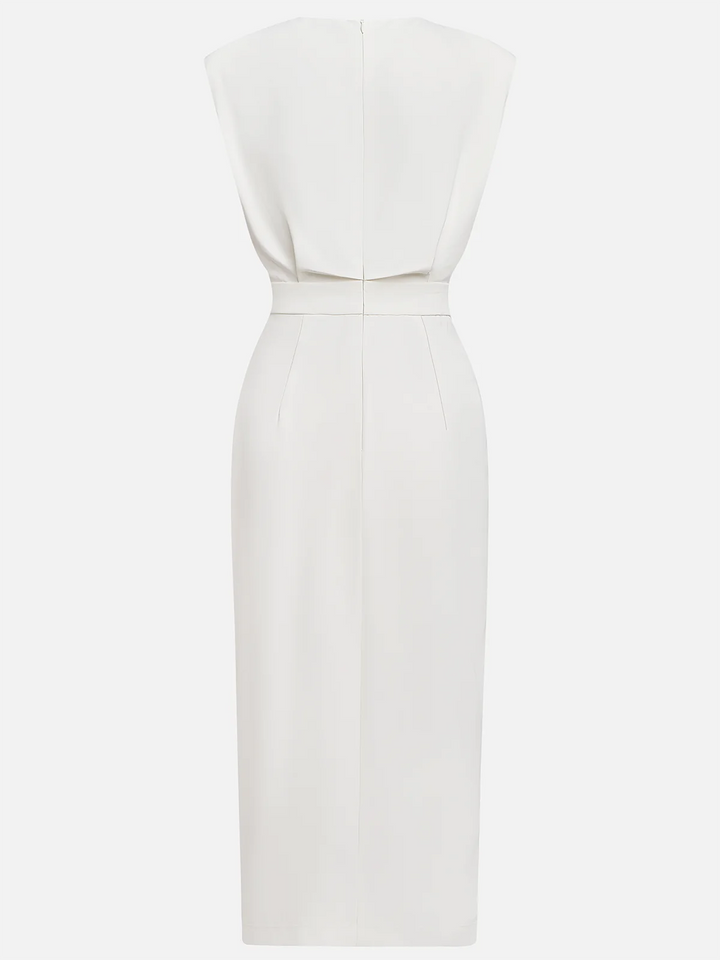 Marlene | Solid Midi Dress with Button Slit and Round Neckline