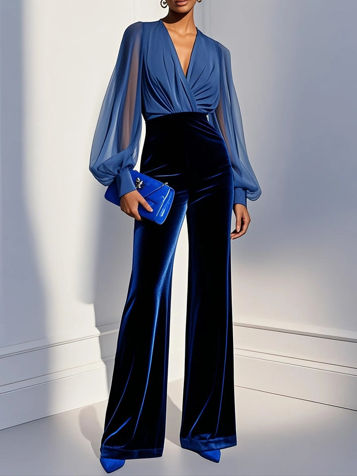Elegant Sapphire Mesh & Velvet Jumpsuit