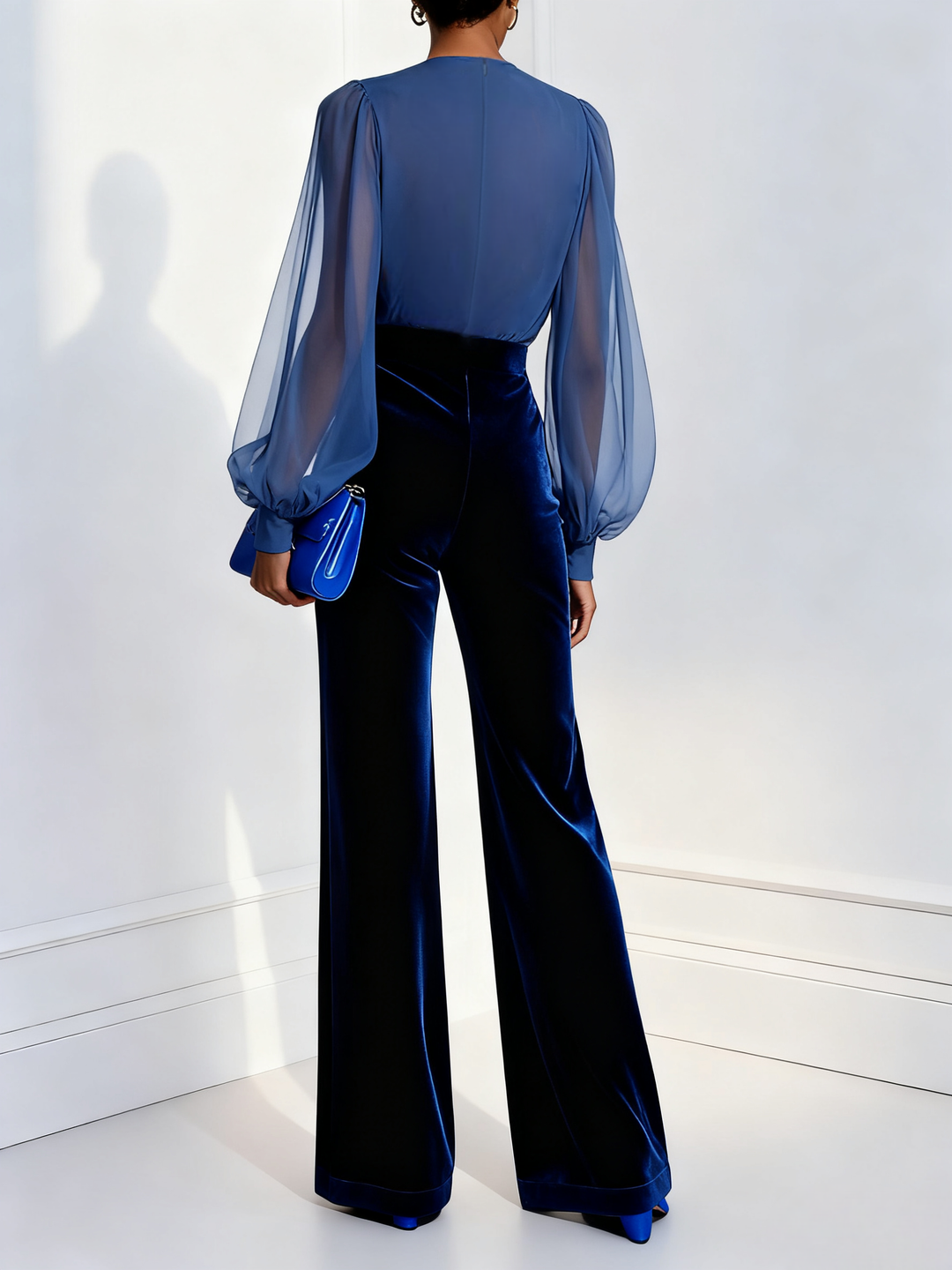 Elegant Sapphire Mesh & Velvet Jumpsuit