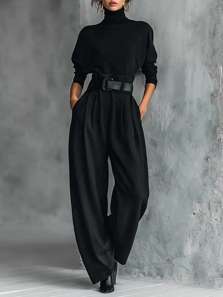 All-black Turtleneck Long-sleeved T-shirt And Straight-leg Pants Two-piece Set