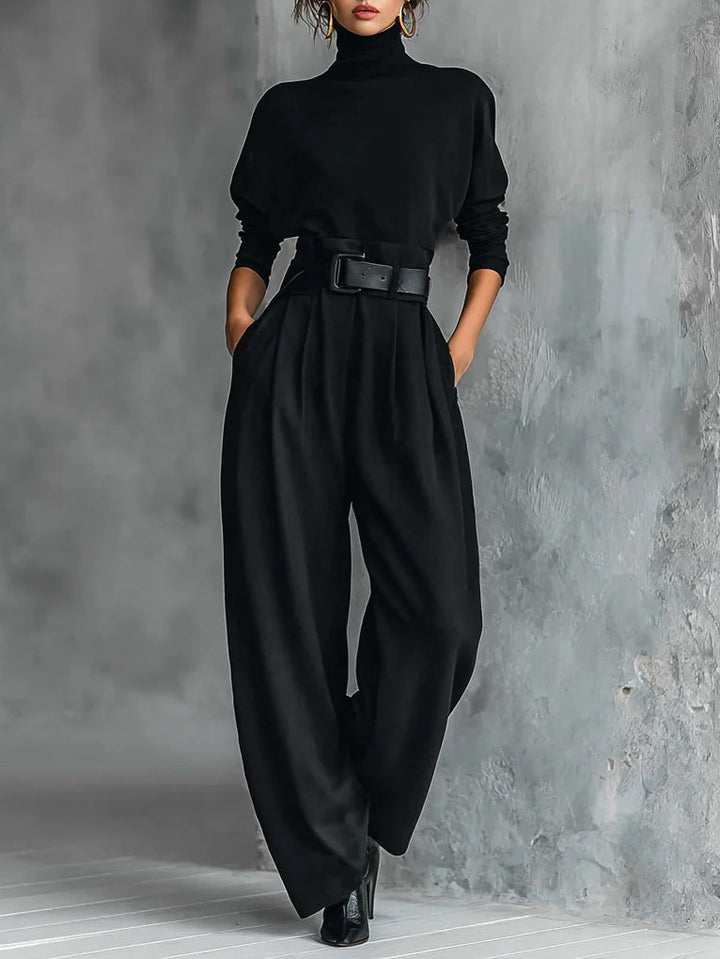 All-black Turtleneck Long-sleeved T-shirt And Straight-leg Pants Two-piece Set