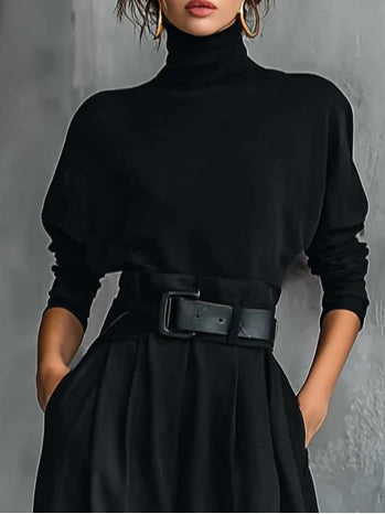 All-black Turtleneck Long-sleeved T-shirt And Straight-leg Pants Two-piece Set