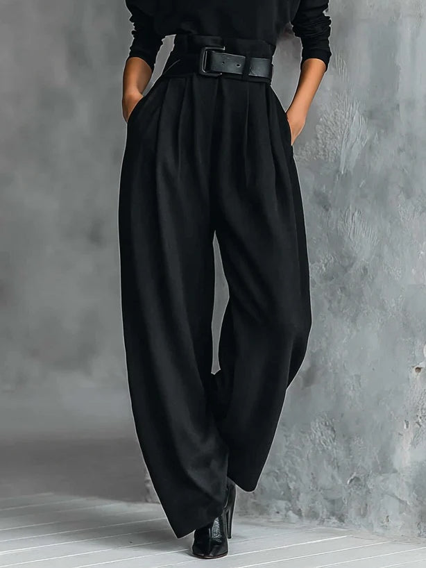 All-black Turtleneck Long-sleeved T-shirt And Straight-leg Pants Two-piece Set
