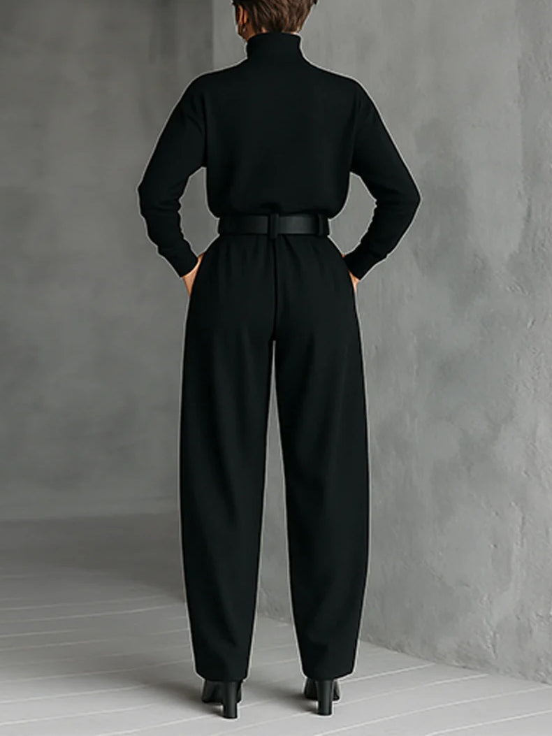 All-black Turtleneck Long-sleeved T-shirt And Straight-leg Pants Two-piece Set