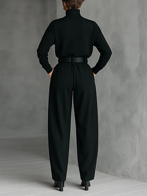 All-black Turtleneck Long-sleeved T-shirt And Straight-leg Pants Two-piece Set