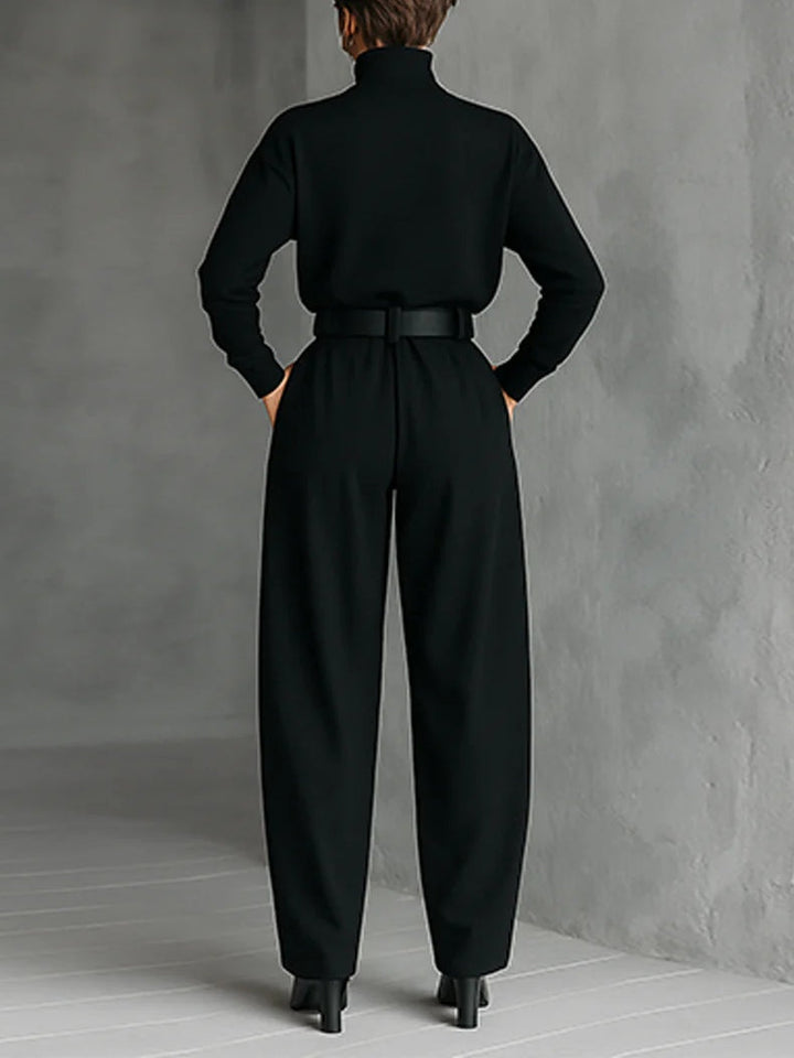 All-black Turtleneck Long-sleeved T-shirt And Straight-leg Pants Two-piece Set