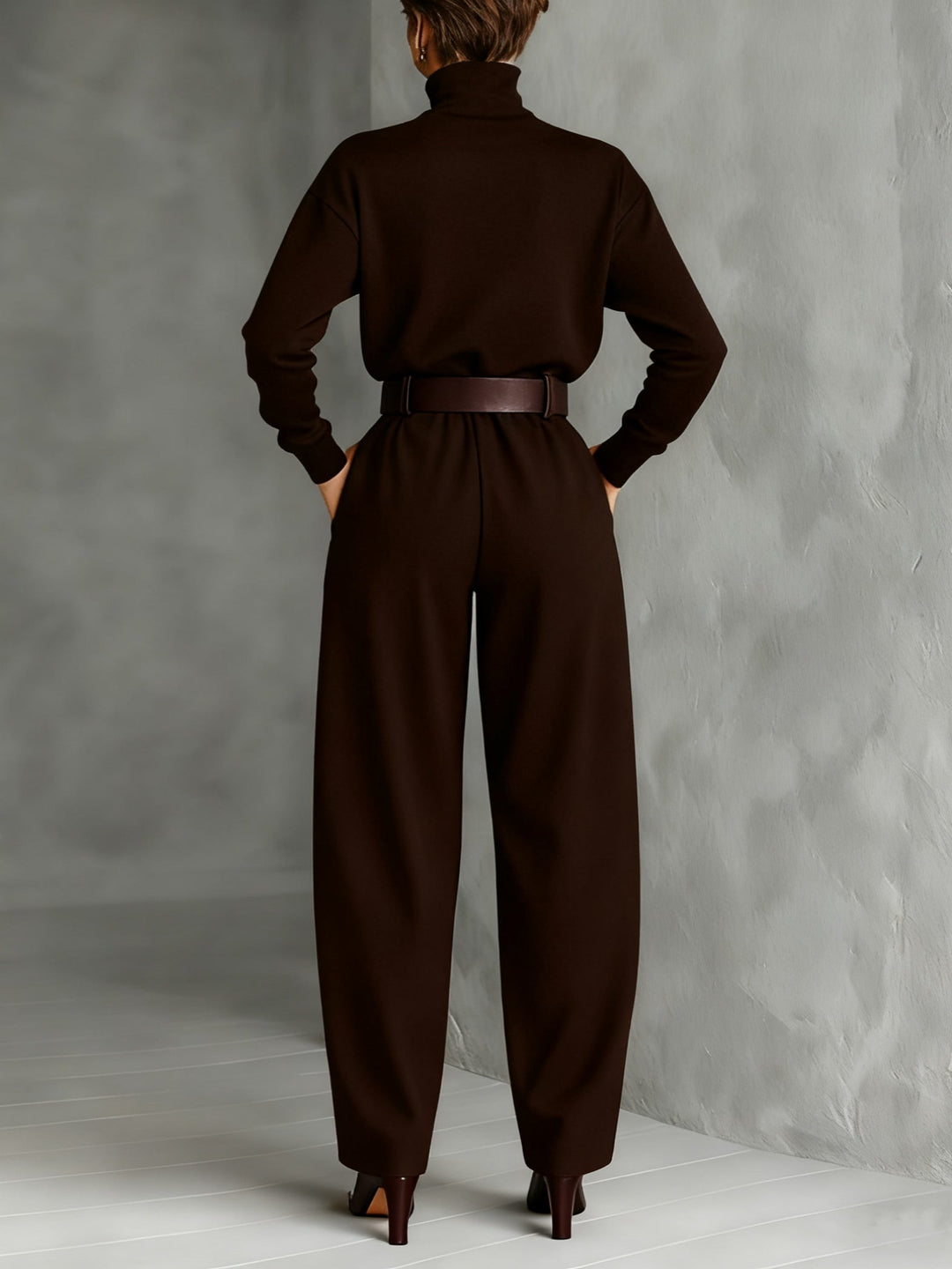 All-black Turtleneck Long-sleeved T-shirt And Straight-leg Pants Two-piece Set