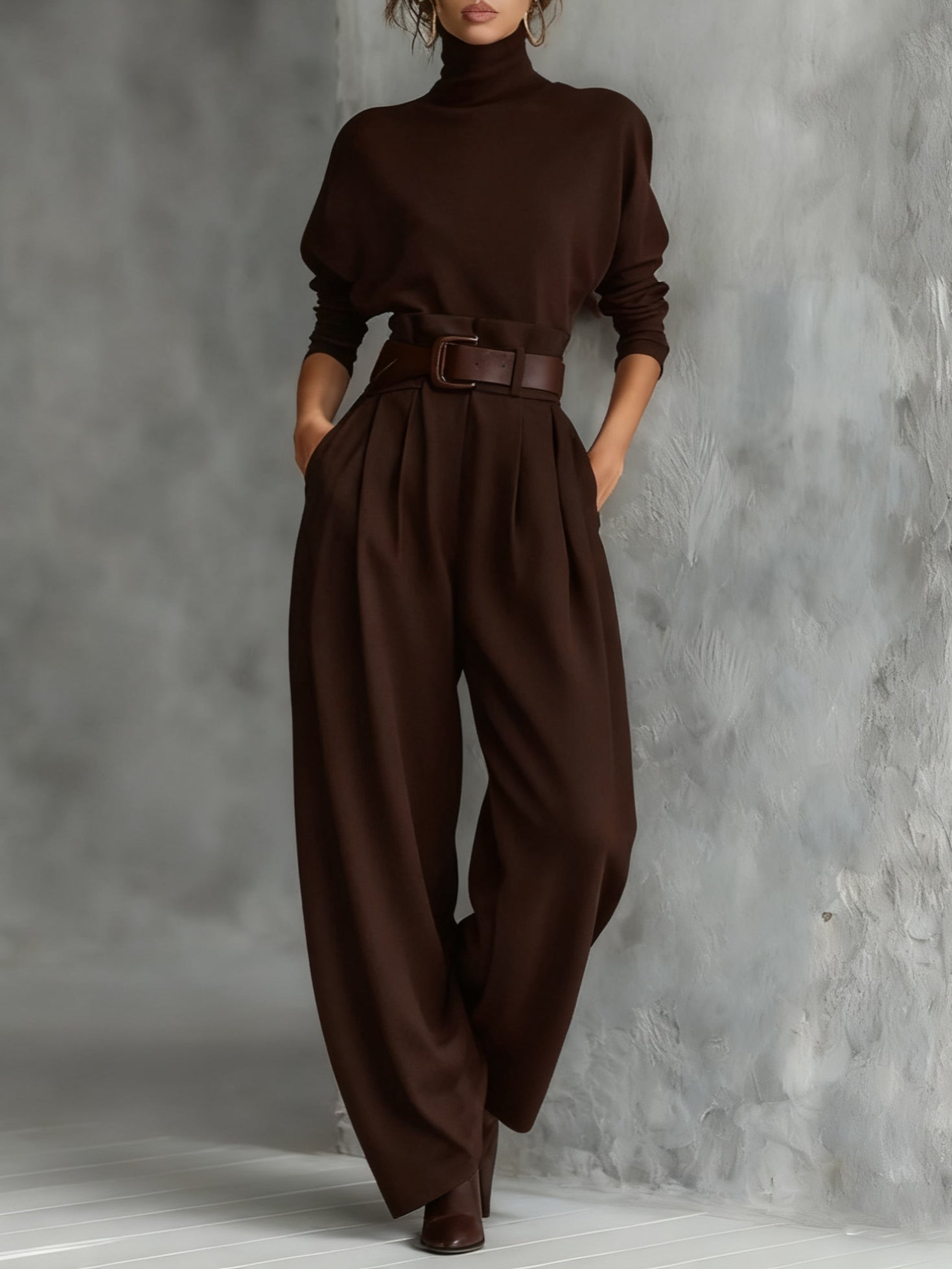 All-black Turtleneck Long-sleeved T-shirt And Straight-leg Pants Two-piece Set
