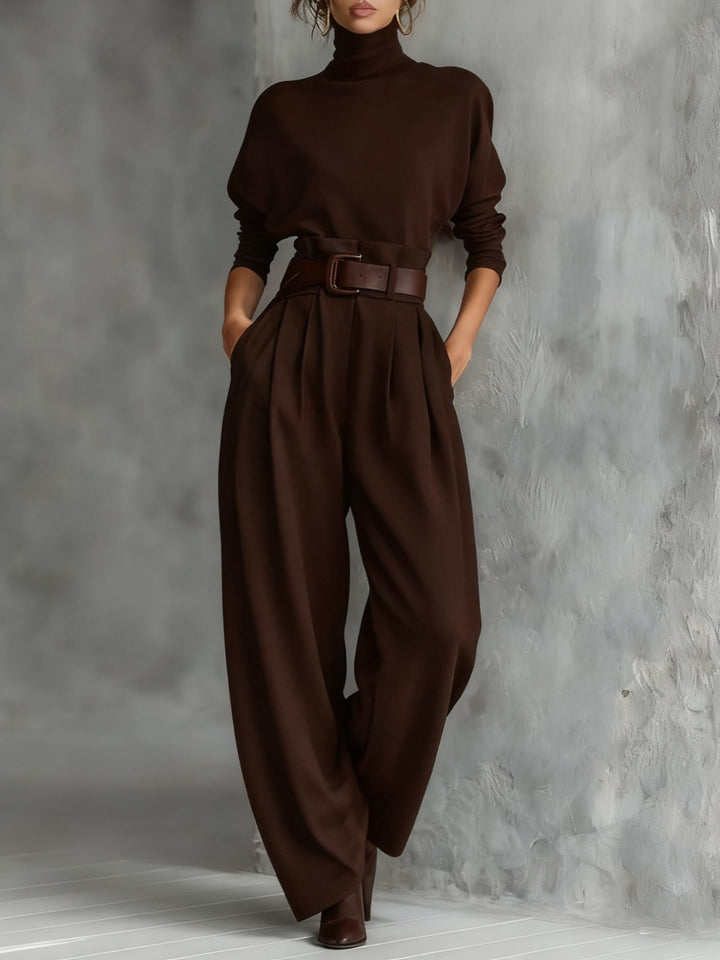 All-black Turtleneck Long-sleeved T-shirt And Straight-leg Pants Two-piece Set