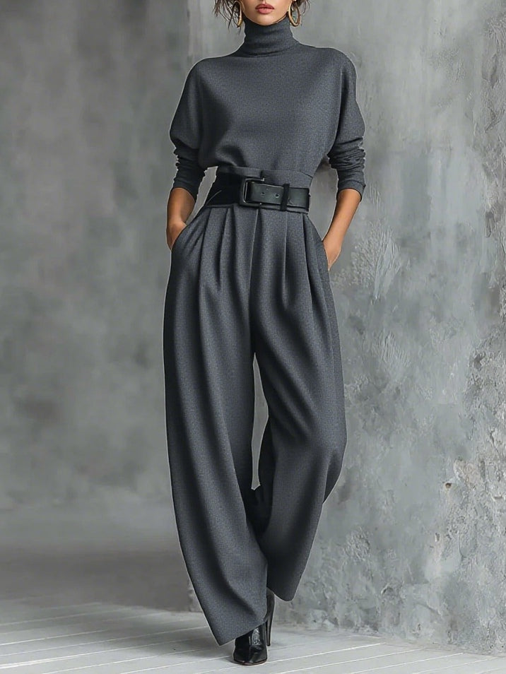 All-black Turtleneck Long-sleeved T-shirt And Straight-leg Pants Two-piece Set