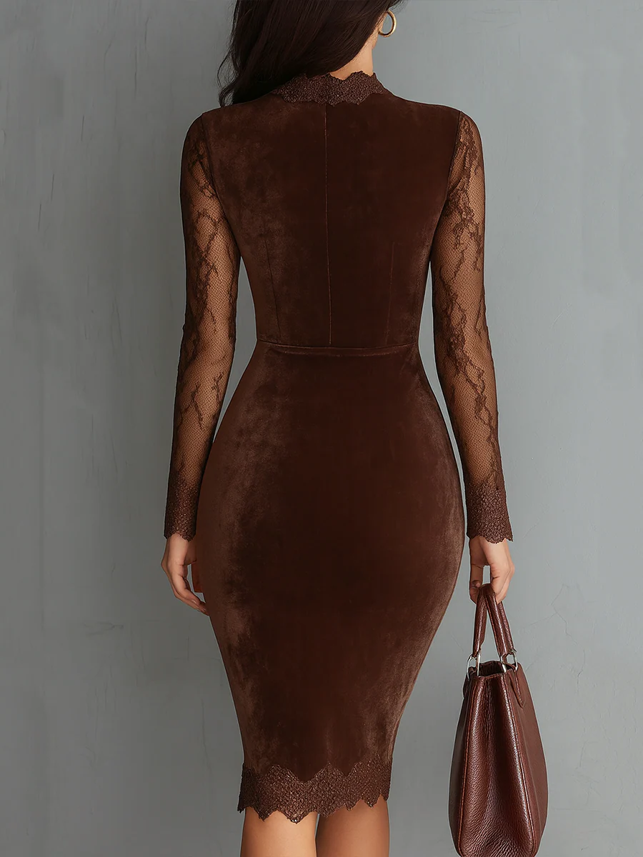 Brown Vintage Keyhole Neckline Lace Sleeve Velvet Mini Dress