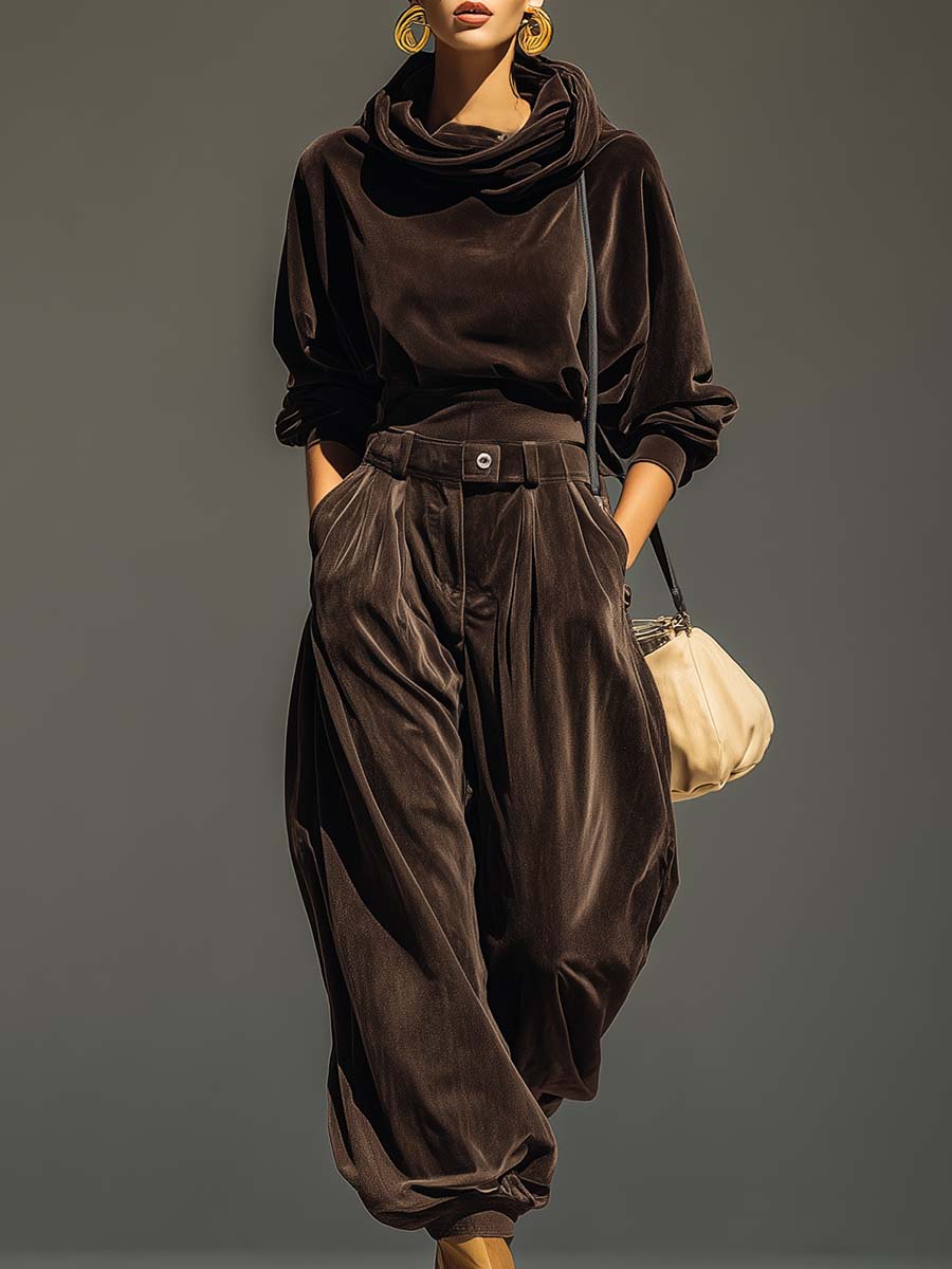 Vintage brown velvet hoodie and loose-fitting trousers set (Includes belt)