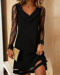 Solid Color Dress With Swing Collar And Patchwork