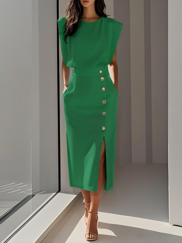 Marlene | Solid Midi Dress with Button Slit and Round Neckline