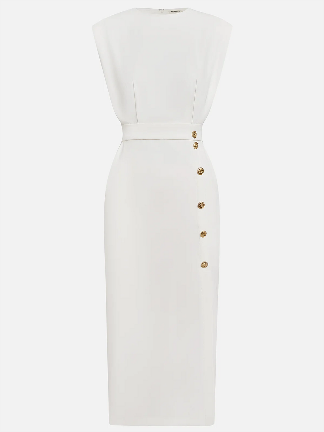 Marlene | Solid Midi Dress with Button Slit and Round Neckline