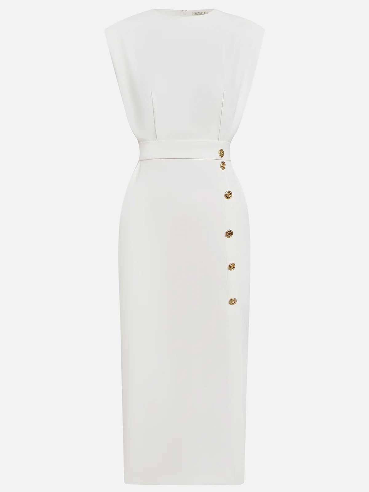 Marlene | Solid Midi Dress with Button Slit and Round Neckline