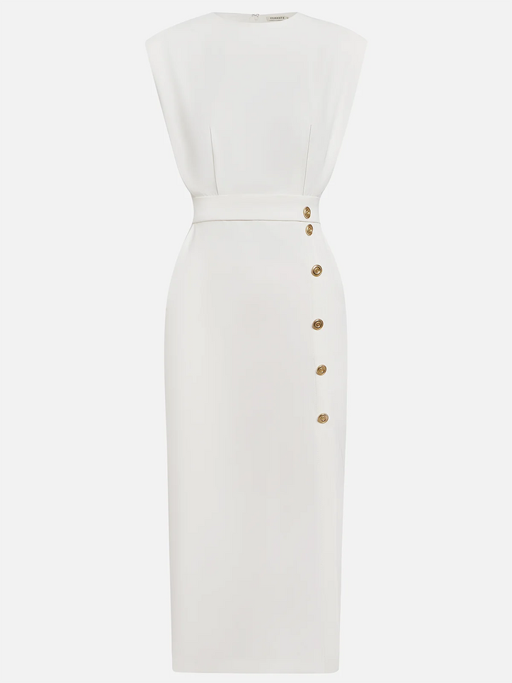 Marlene | Solid Midi Dress with Button Slit and Round Neckline