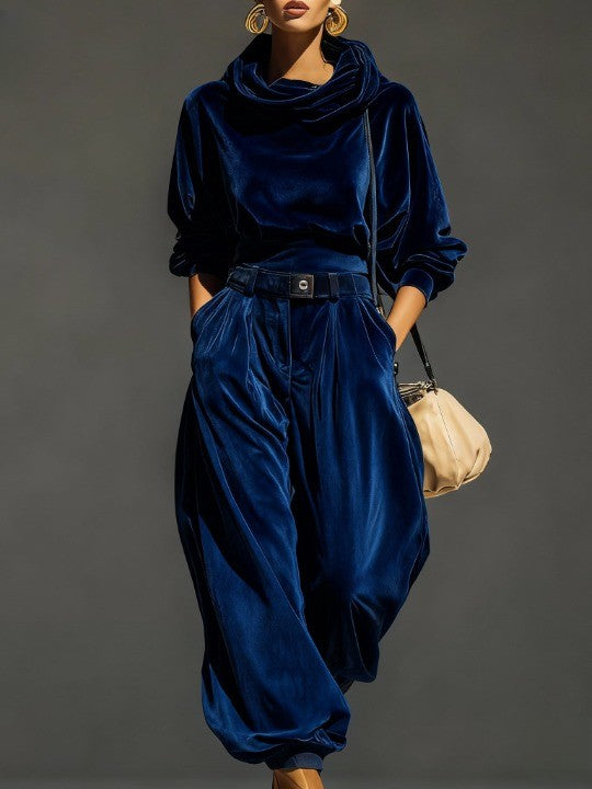 Vintage brown velvet hoodie and loose-fitting trousers set (Includes belt)
