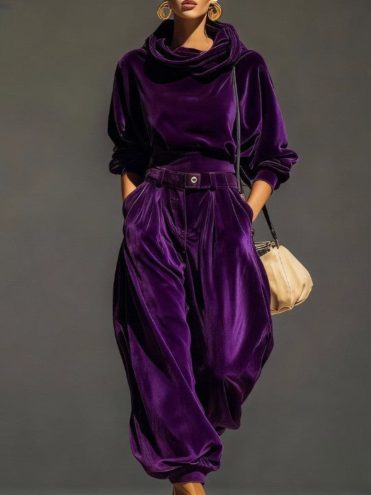 Vintage brown velvet hoodie and loose-fitting trousers set (Includes belt)